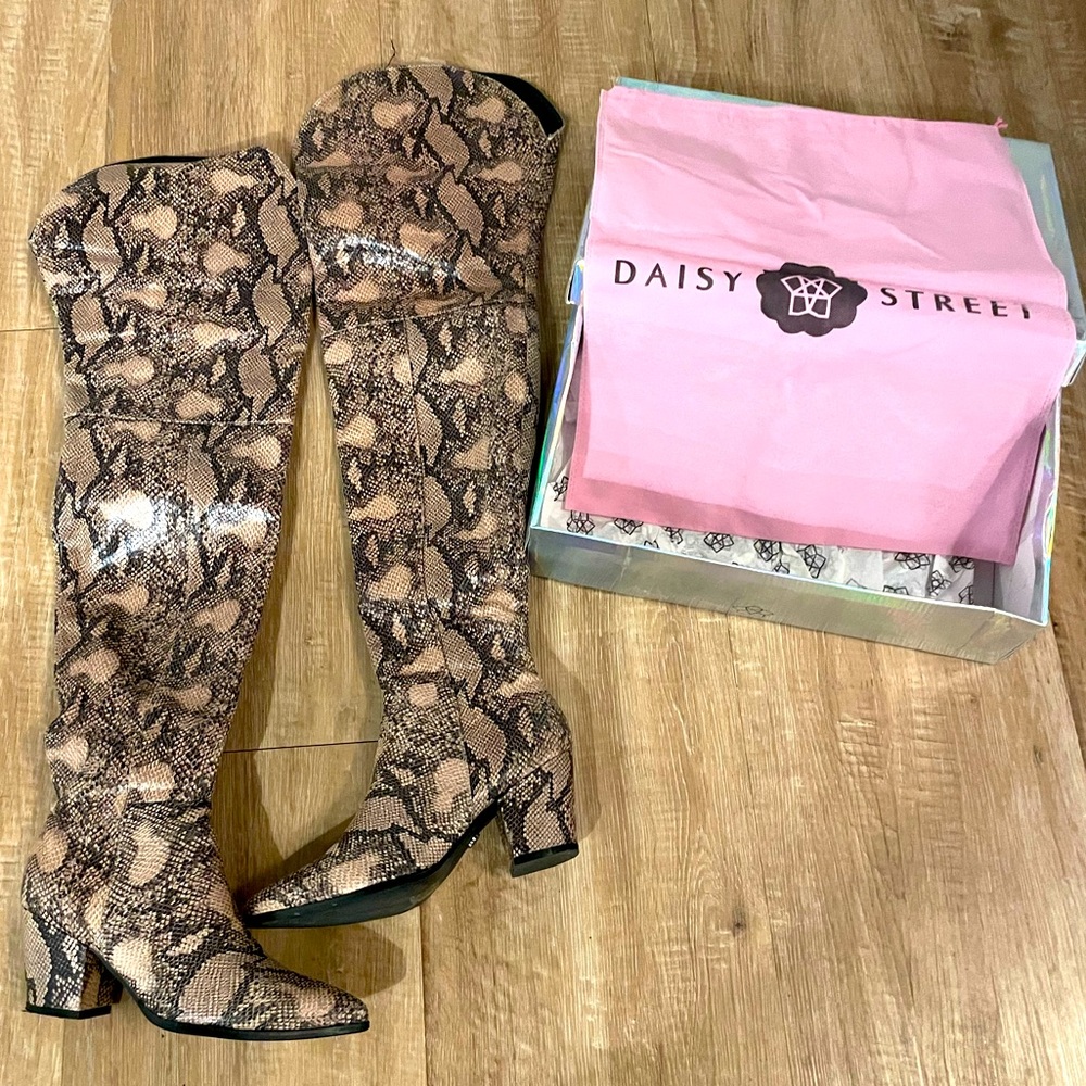 Snake skin thigh boots